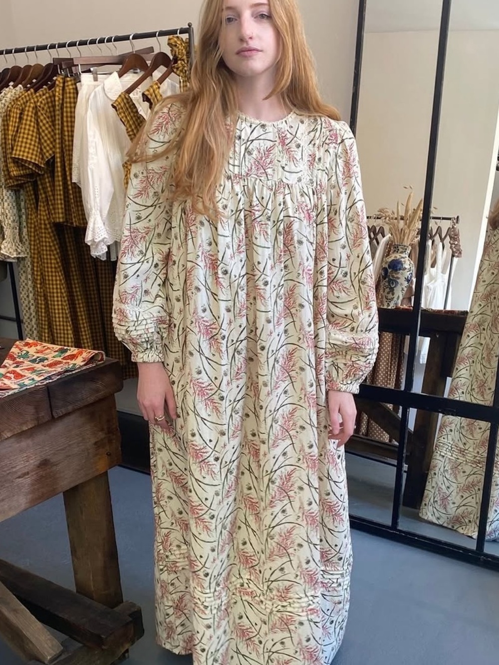 Bohemian Cream Floral Maxi Dress with Pink & Green Print